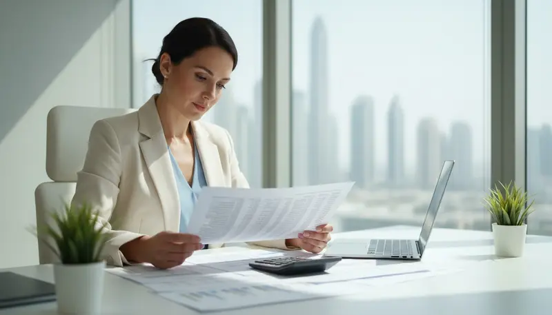 Accountant reviewing figures at a desk in a Dubai office