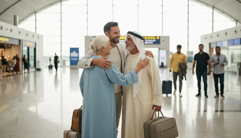 Adult son greeting his elderly parents with luggage at Dubai airport arrivals
