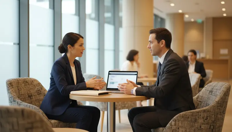 Business owner meeting a relationship manager in a bank lounge