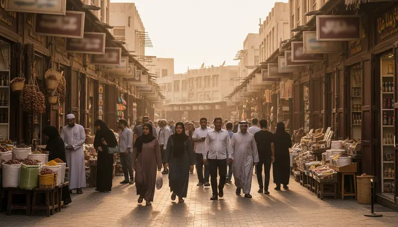 Busy old market street in Deira, Dubai