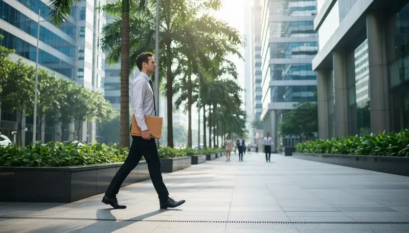 Company representative with a document folder walking between office towers