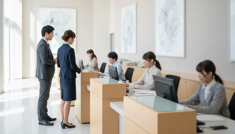 Company representatives at a business services center counter