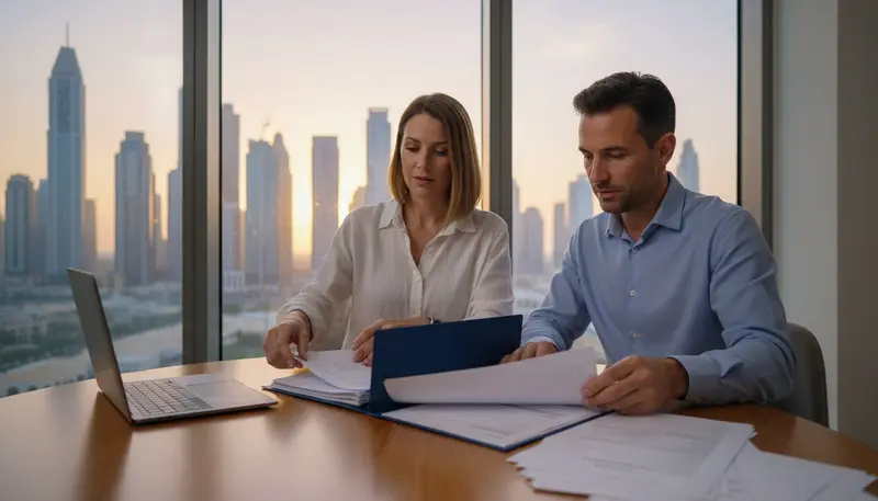 Couple sorting papers for a family visa at a dining table in a Dubai apartment