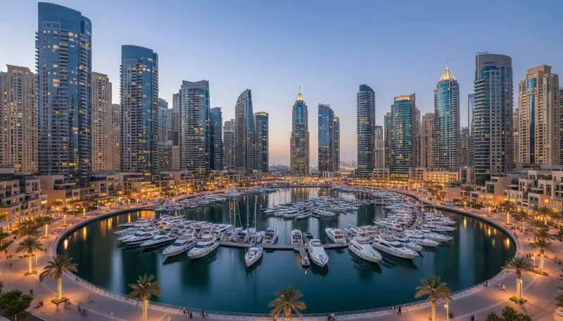 Dubai Marina towers and yachts at dusk