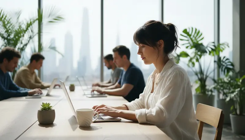 Freelance designer working on a laptop in a Dubai coworking space