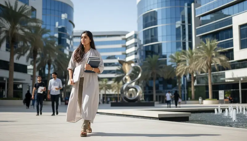 Graduate student with a laptop on a modern university campus in Dubai