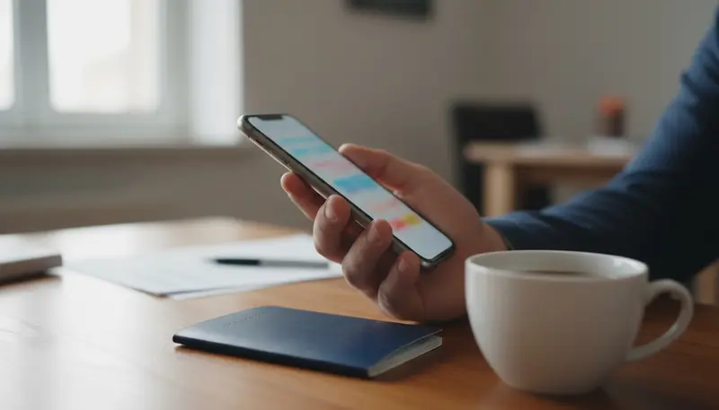Hand holding a phone with a blurred screen at a desk