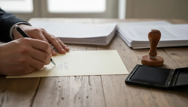 Hands signing papers next to a round stamp on a desk