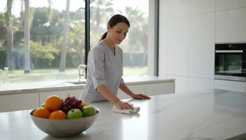 Housekeeper in a light uniform tidying a bright modern villa kitchen in Dubai