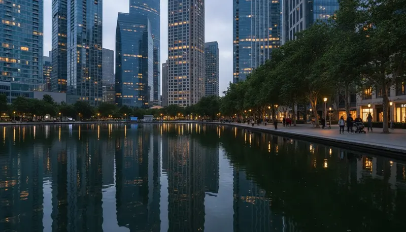 Lake and towers at Jumeirah Lakes Towers in the evening