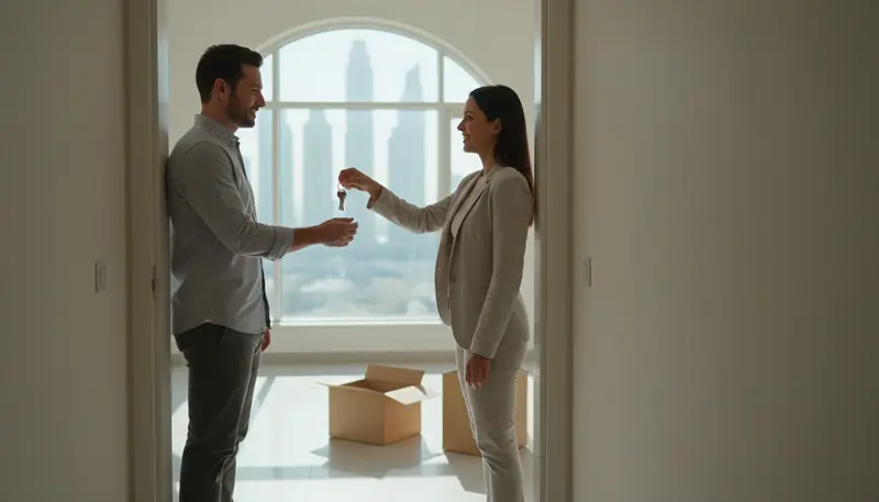 Landlord handing apartment keys to a new tenant in Dubai