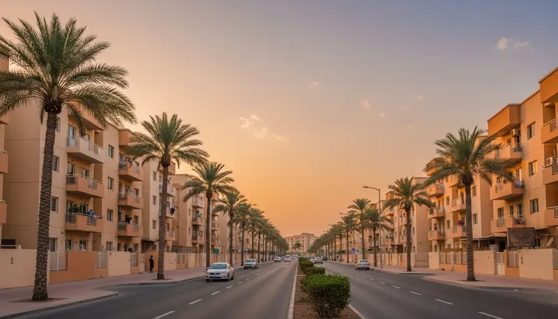 Low-rise residential blocks in east Dubai at sunset