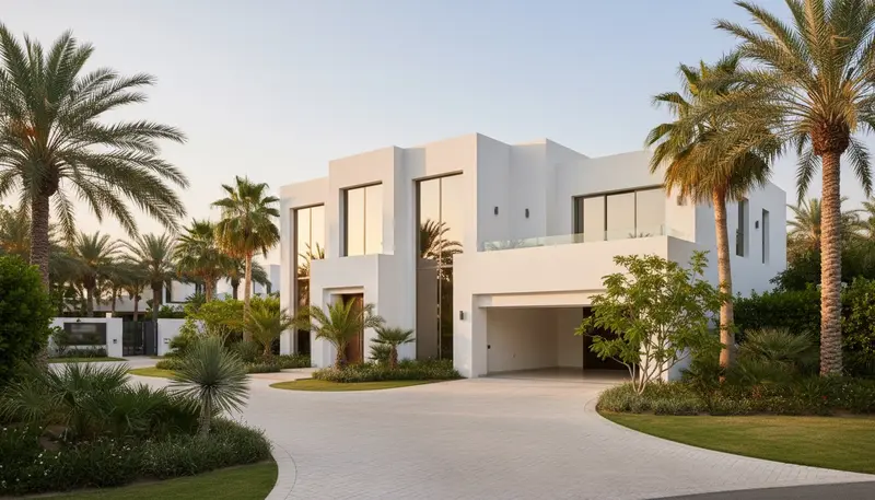 Modern villa exterior in a Dubai gated community at golden hour