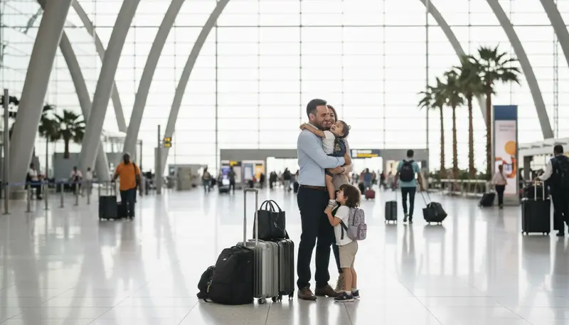 Mother and two children arriving at Dubai airport and greeted by the father