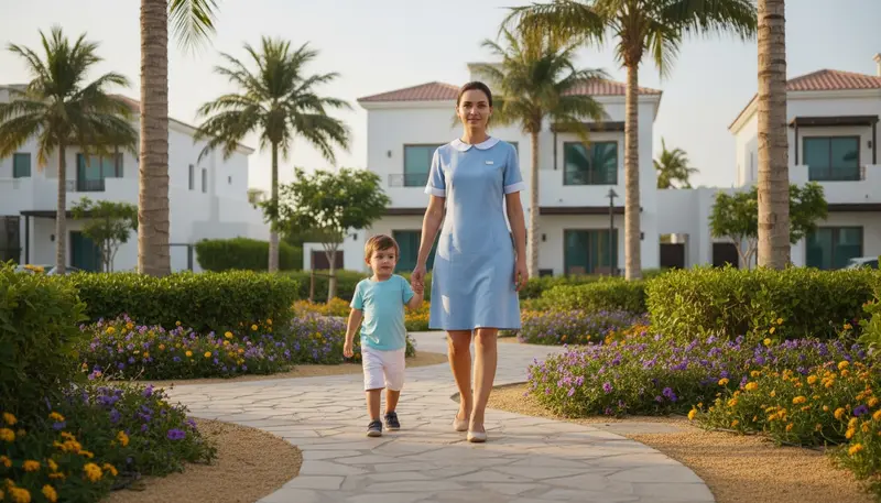 Nanny in uniform walking a young child through a villa community garden in Dubai