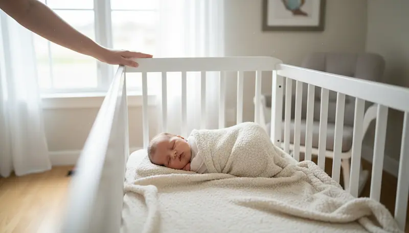 Newborn baby asleep in a white crib in a bright Dubai bedroom