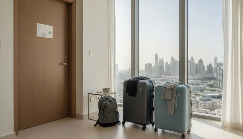 Packed suitcases by the door of a Dubai apartment