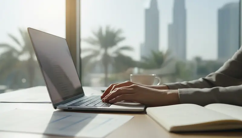 Payroll officer working on a laptop in a Dubai office