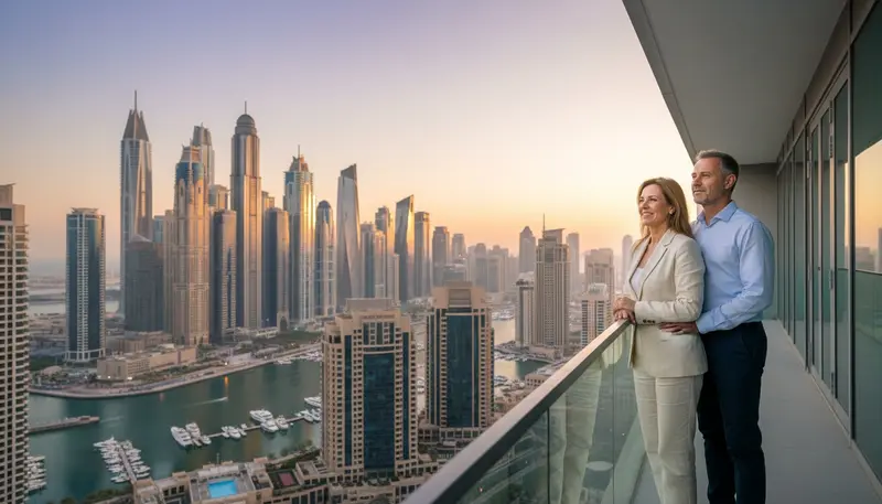 Professional couple on a balcony overlooking Dubai Marina at golden hour