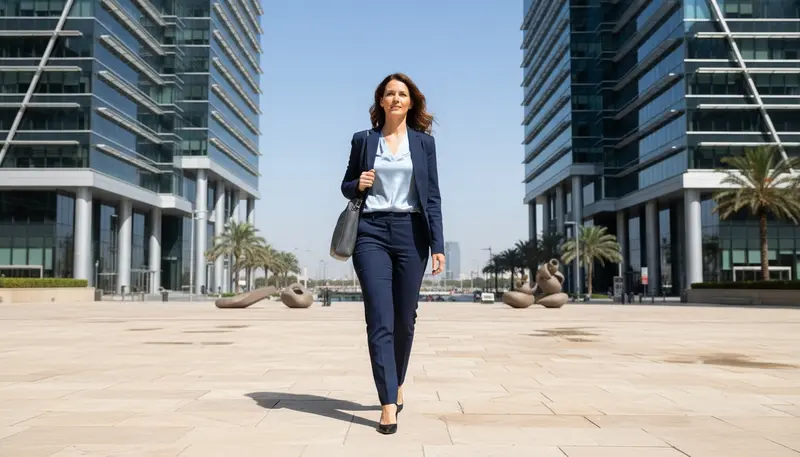 Professional walking across a modern plaza in Dubai