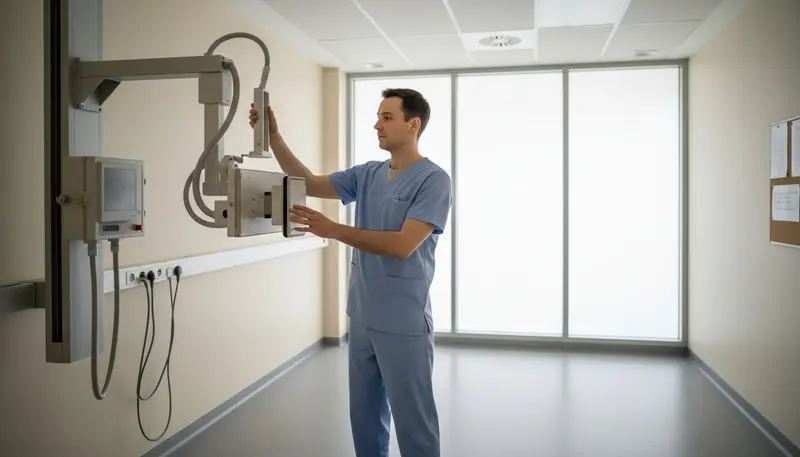 Radiographer preparing a chest x-ray machine in a clinic