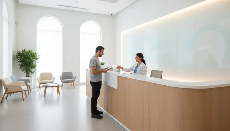 Resident at the reception of a medical fitness test center in Dubai