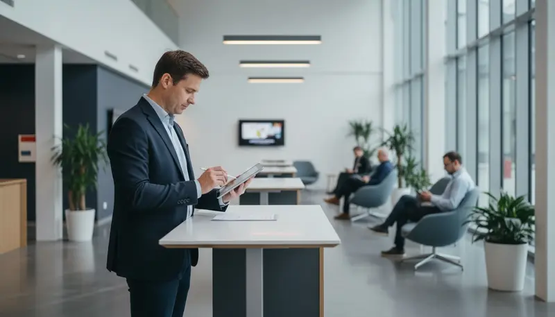 Resident filling in a form on a tablet at a service center