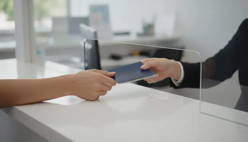Resident handing a passport across a service counter in Dubai