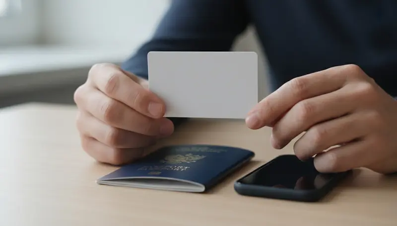 Resident holding a blank identity card next to a passport at a desk
