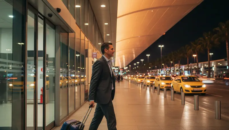 Resident returning to Dubai at night with a suitcase at the airport