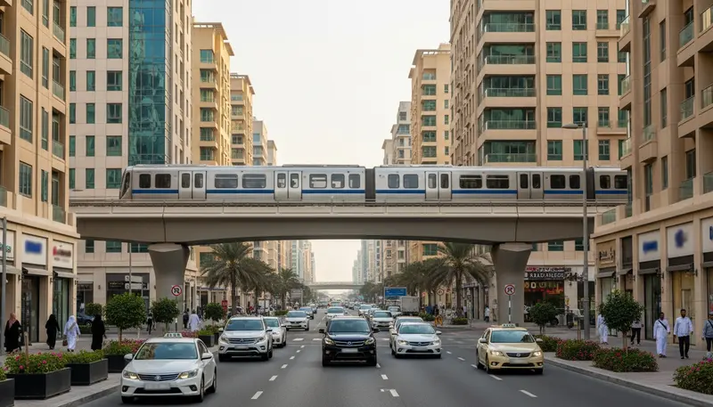 Residential street under an elevated metro line in Dubai