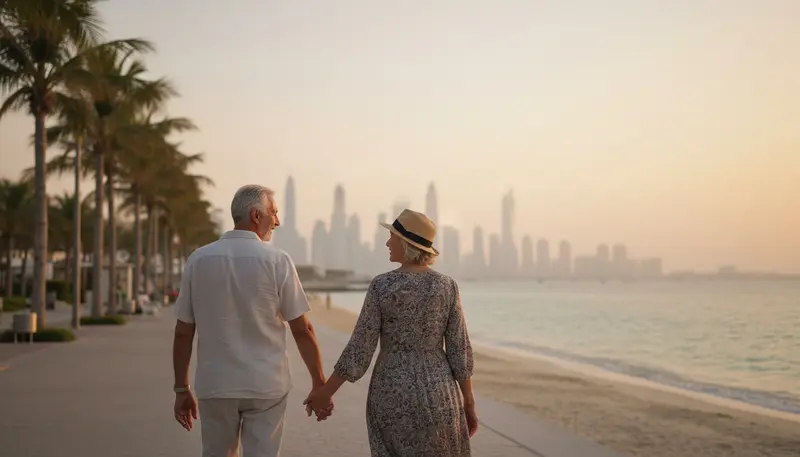 Retired couple walking on a Dubai beach promenade at sunset