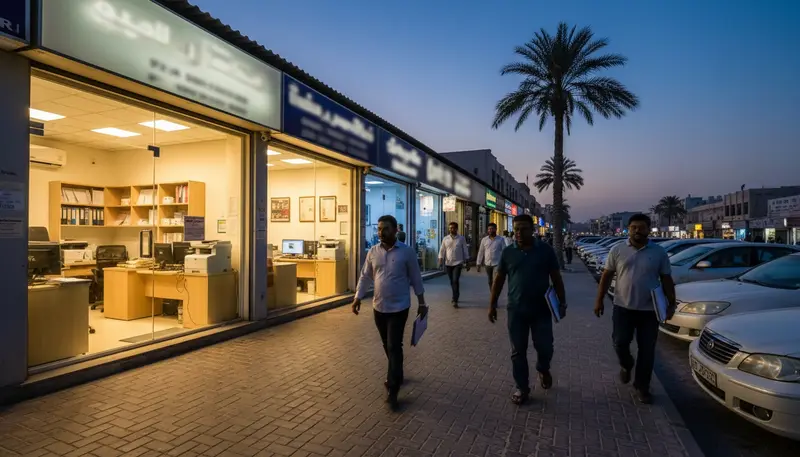 Row of small typing and document service shops on a busy street in Karama, Dubai, at dusk