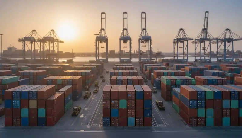 Shipping containers stacked at a Dubai port at dusk