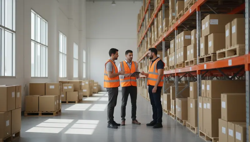 Site supervisor checking a tablet with workers at a Dubai warehouse