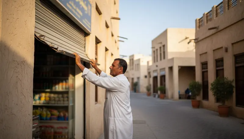 Small shop owner opening his shop in a Dubai street