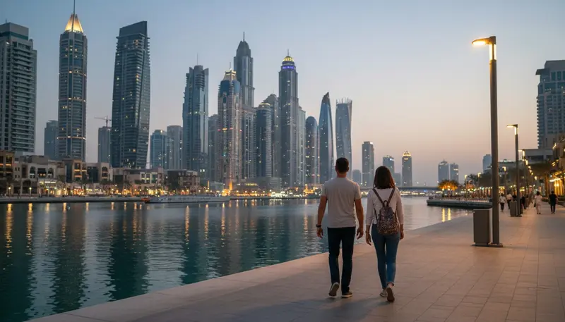 Tourists walking along a Dubai waterfront promenade in the evening