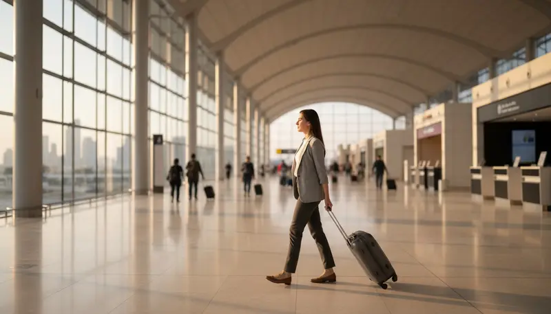 Traveller with a suitcase walking through Dubai airport departures