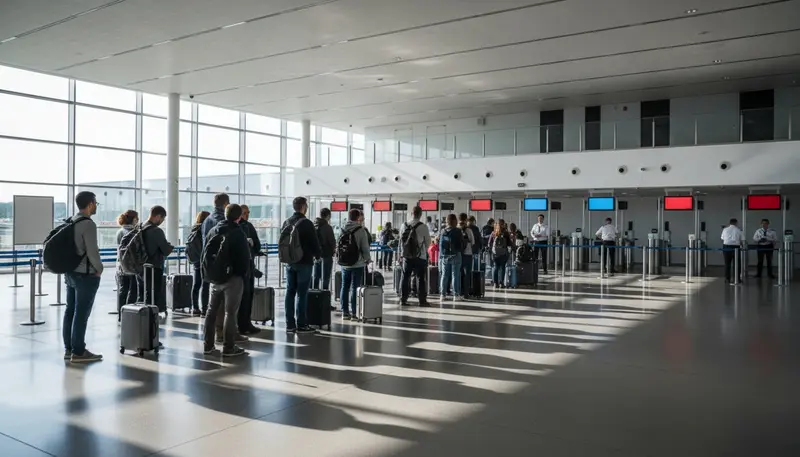 Travellers queuing at a modern airport passport control hall