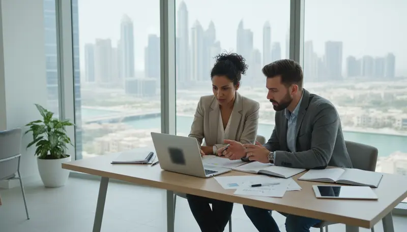 Two founders planning a new company at a desk in a Business Bay office