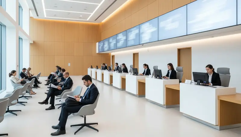 Visa service center hall with numbered counters