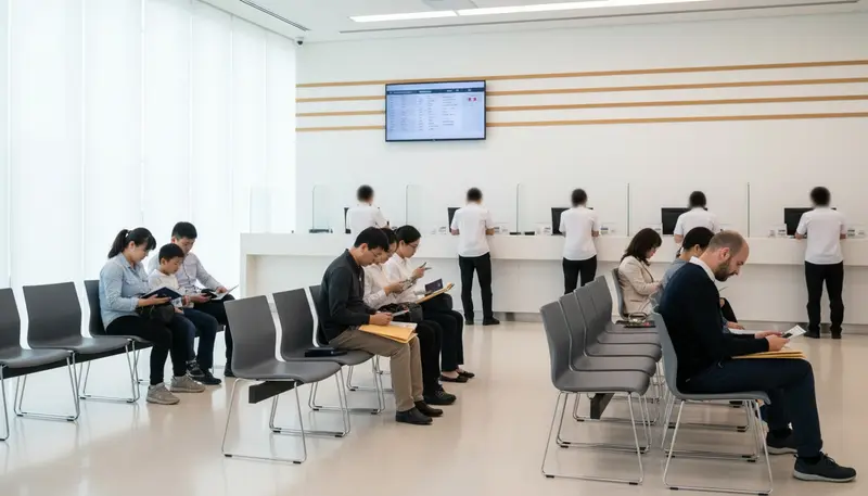 Waiting hall of a modern visa service center in Dubai with service counters and seated customers