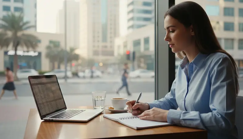 Young professional preparing for interviews at a Dubai cafe
